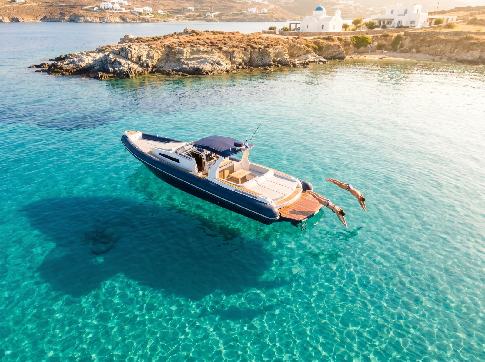 Person diving from a luxury RIB in Mykonos